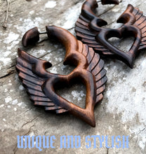 Load image into Gallery viewer, Bohemian Steampunk Angel Wing Earrings Natural Wood Gothic Tribal Statement Jewelry