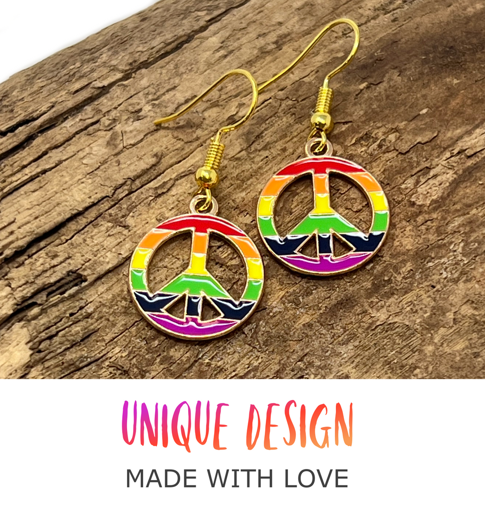 Rainbow Peace Sign Earrings Colorful Boho Hippie Symbol Dangle Festival Jewelry