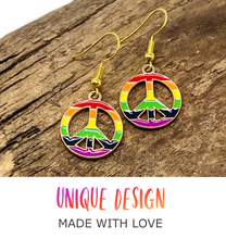 Load image into Gallery viewer, Rainbow Peace Sign Earrings Colorful Boho Hippie Symbol Dangle Festival Jewelry
