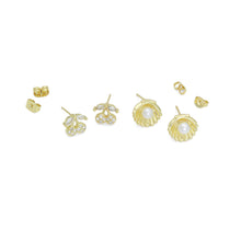 Load image into Gallery viewer, Clear CZ White Pearl Gold Cherry Clam Shell Stud Earrings, Sku#LD733