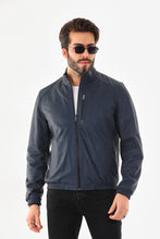 Load image into Gallery viewer, The Como Navy Blue Leather Bomber Jacket