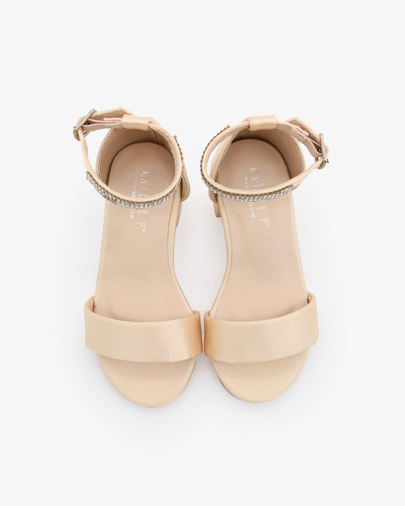Satin Girls Block Heel Sandals with Mini Rhinestones Embellished Ankle Strap