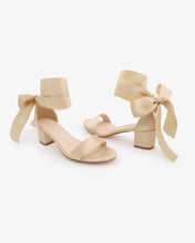 Load image into Gallery viewer, Satin Girls Block Heel Sandal with Wrapped Ribbon Tie