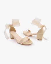 Load image into Gallery viewer, Satin Girls Block Heel Sandal with Wrapped Ribbon Tie