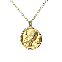 Load image into Gallery viewer, Owl Necklace Gold Athena Coin Wisdom Symbol Minimal Jewelry