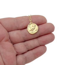 Load image into Gallery viewer, Owl Necklace Gold Athena Coin Wisdom Symbol Minimal Jewelry