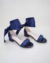 Load image into Gallery viewer, Rock Glitter Low Block Heel Girls Sandals with Wrapped Satin Tie