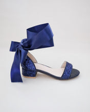 Load image into Gallery viewer, Rock Glitter Low Block Heel Girls Sandals with Wrapped Satin Tie