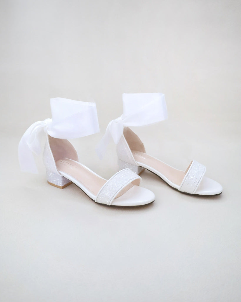 Rock Glitter Low Block Heel Girls Sandals with Wrapped Satin Tie