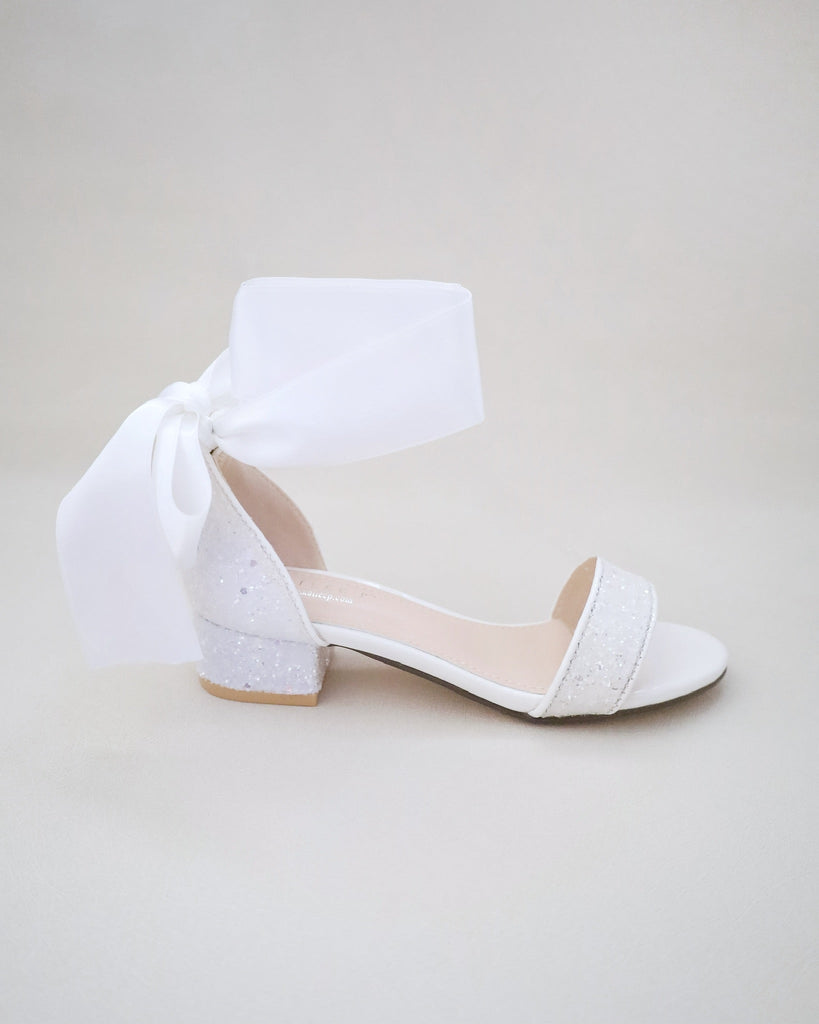 Rock Glitter Low Block Heel Girls Sandals with Wrapped Satin Tie