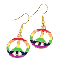 Load image into Gallery viewer, Rainbow Peace Sign Earrings Colorful Boho Hippie Symbol Dangle Festival Jewelry
