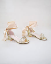 Load image into Gallery viewer, Rock Glitter Low Block Heel Girls Sandals with Wrapped Satin Tie