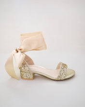 Load image into Gallery viewer, Rock Glitter Low Block Heel Girls Sandals with Wrapped Satin Tie