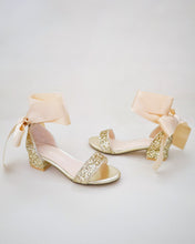 Load image into Gallery viewer, Rock Glitter Low Block Heel Girls Sandals with Wrapped Satin Tie