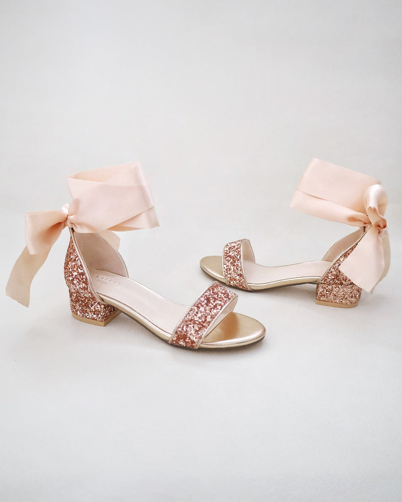 Rock Glitter Low Block Heel Girls Sandals with Wrapped Satin Tie