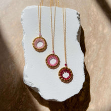 Load image into Gallery viewer, Rose Quartz, Pink Tourmaline and Ruby Quartz Halo Mini Gold Pendants