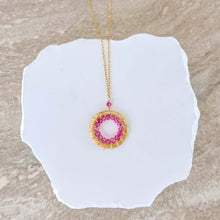 Load image into Gallery viewer, Rose Quartz, Pink Tourmaline and Ruby Quartz Halo Mini Gold Pendants