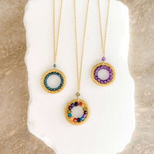 Load image into Gallery viewer, London Blue Quartz, Rainbow Gemstone and Amethyst Halo Mini Gold Pendants