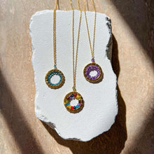 Load image into Gallery viewer, London Blue Quartz, Rainbow Gemstone and Amethyst Halo Mini Gold Pendants