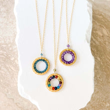 Load image into Gallery viewer, London Blue Quartz, Rainbow Gemstone and Amethyst Halo Mini Gold Pendants