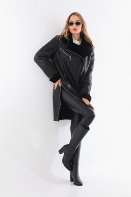 The Onyx Black Shearling & Fox Fur Leather Women Jacket