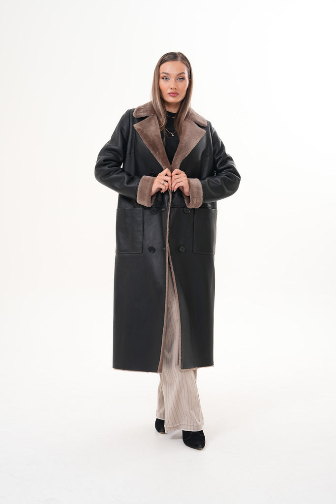 The Florence Long Shearling Black Leather Women Jacket