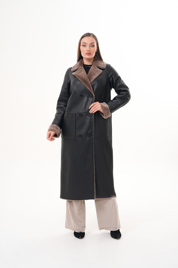 The Florence Long Shearling Black Leather Women Jacket