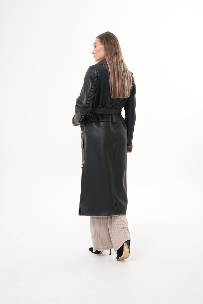 The Florence Long Shearling Black Leather Women Jacket