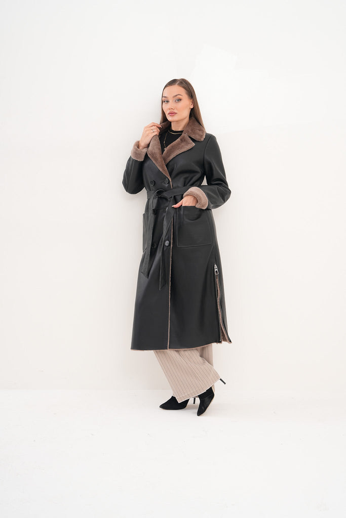 The Florence Long Shearling Black Leather Women Jacket