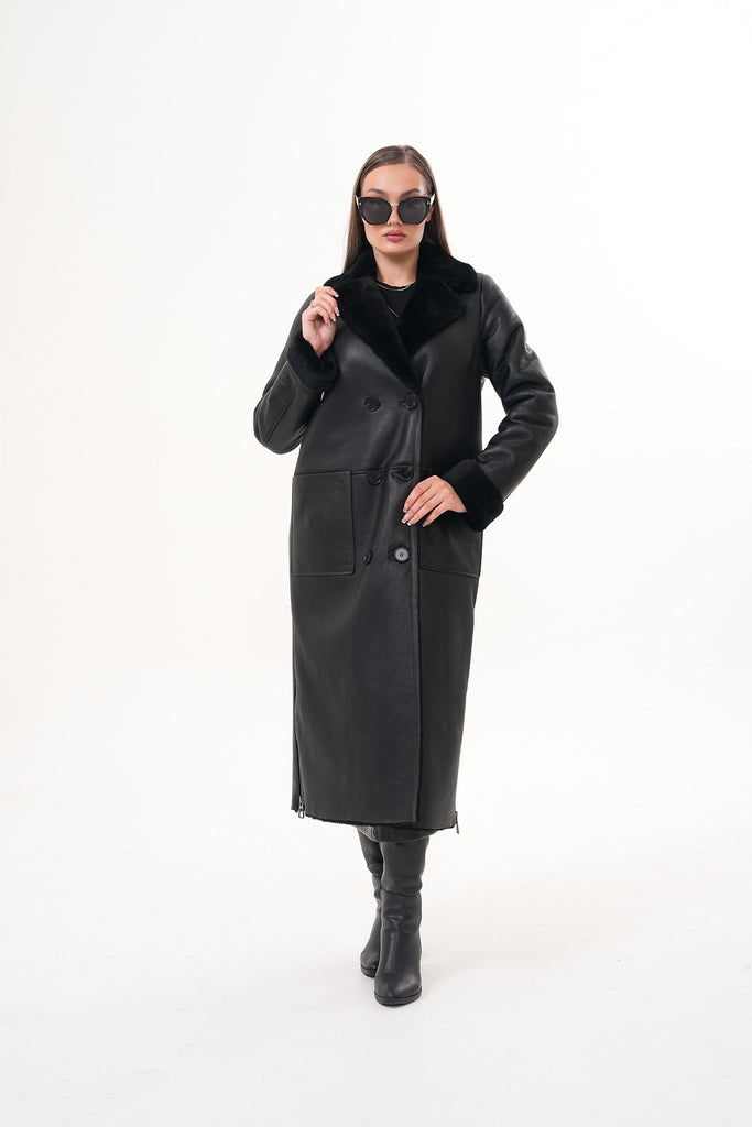 The Raven Long Shearling Black Leather Women Leather Jacket