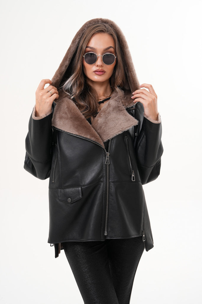 The Duchess Shearling Brown Leather Women Hooded Jacket