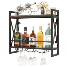 Load image into Gallery viewer, Industrial Rustic Brown Wood Metal 2 Tier Wall Mounted Wine Rack