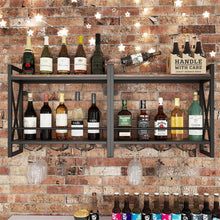 Load image into Gallery viewer, Industrial Rustic Brown Wood Metal 2 Tier Wall Mounted Wine Rack