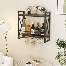 Load image into Gallery viewer, Industrial Rustic Brown Wood Metal 2 Tier Wall Mounted Wine Rack