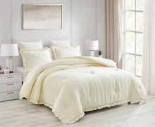 Load image into Gallery viewer, Oversized King Ivory Microfiber 3-Piece Comforter Set with Ruffled Edge Trim