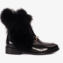 Load image into Gallery viewer, The Izmir Black Patent Leather Natural Fur Mid Calf Women  Boot
