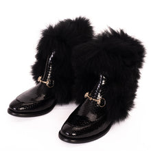 Load image into Gallery viewer, The Izmir Black Patent Leather Natural Fur Mid Calf Women  Boot