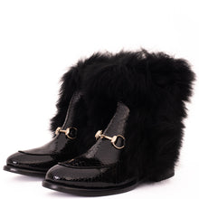 Load image into Gallery viewer, The Izmir Black Patent Leather Natural Fur Mid Calf Women  Boot