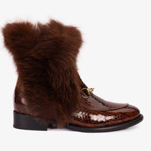 Load image into Gallery viewer, The Izmir Brown Patent Leather Natural Fur Mid Calf Women Boot