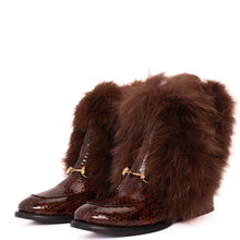 Load image into Gallery viewer, The Izmir Brown Patent Leather Natural Fur Mid Calf Women Boot