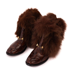 Load image into Gallery viewer, The Izmir Brown Patent Leather Natural Fur Mid Calf Women Boot