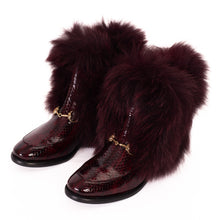 Load image into Gallery viewer, The Izmir Burgundy Patent Leather Natural Fur Mid Calf Women Boot