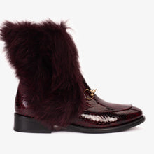 Load image into Gallery viewer, The Izmir Burgundy Patent Leather Natural Fur Mid Calf Women Boot