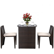Load image into Gallery viewer, 3 Piece Compact Espresso/White Wicker Patio Cushioned Outdoor Chair Table Set