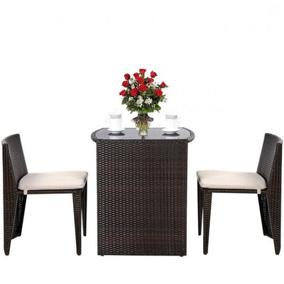 3 Piece Compact Espresso/White Wicker Patio Cushioned Outdoor Chair Table Set