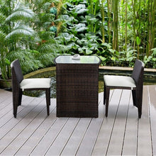 Load image into Gallery viewer, 3 Piece Compact Espresso/White Wicker Patio Cushioned Outdoor Chair Table Set
