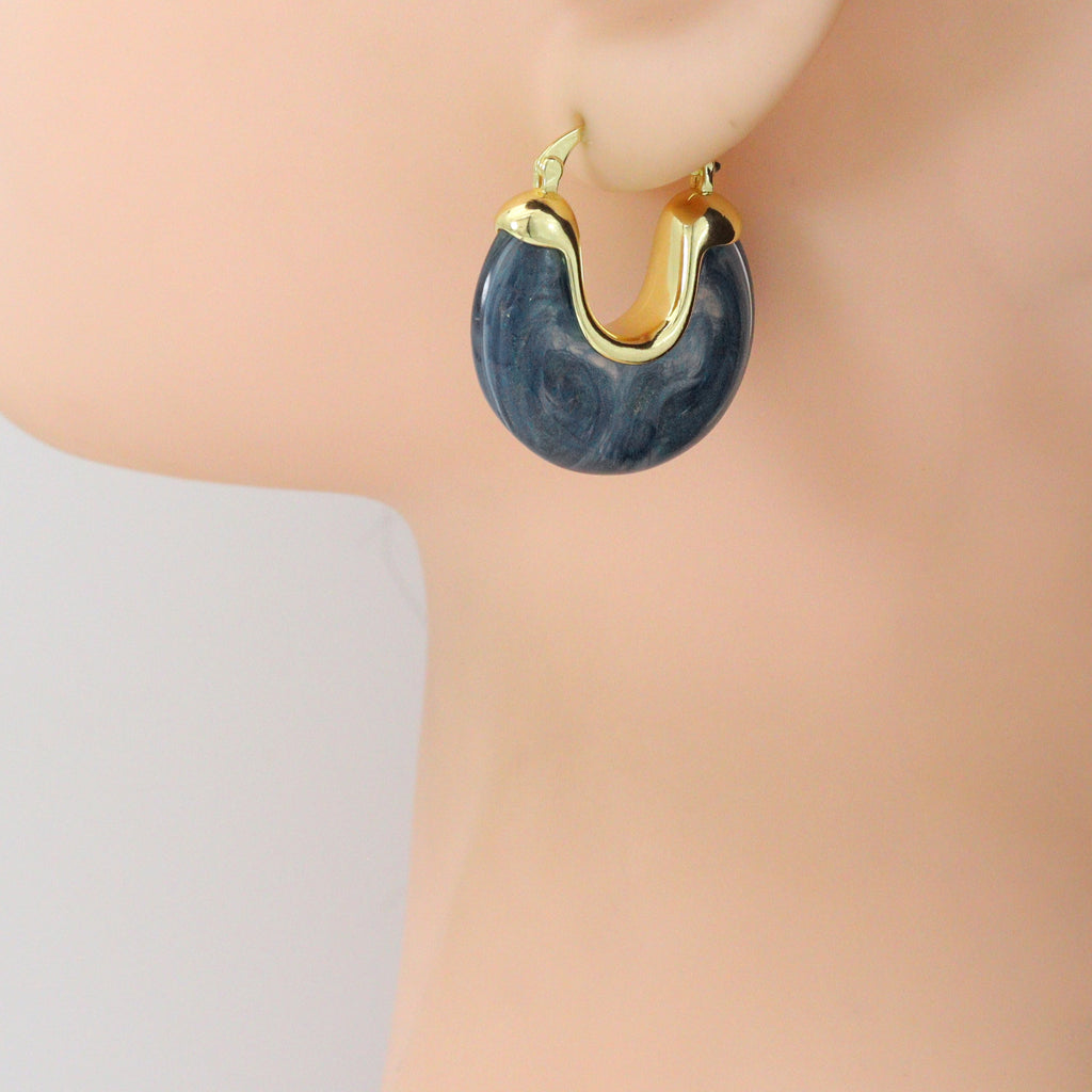 Vintage Style Marbled Resin U-Hoop Earrings with Gold Detailing, Sku#JL210