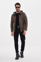 Load image into Gallery viewer, The Veneto Khaki Leather Hooded Men Jacket