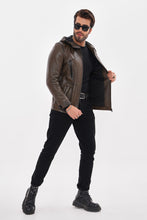 Load image into Gallery viewer, The Veneto Khaki Leather Hooded Men Jacket