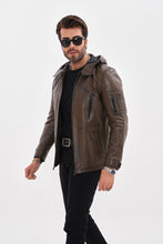 Load image into Gallery viewer, The Veneto Khaki Leather Hooded Men Jacket